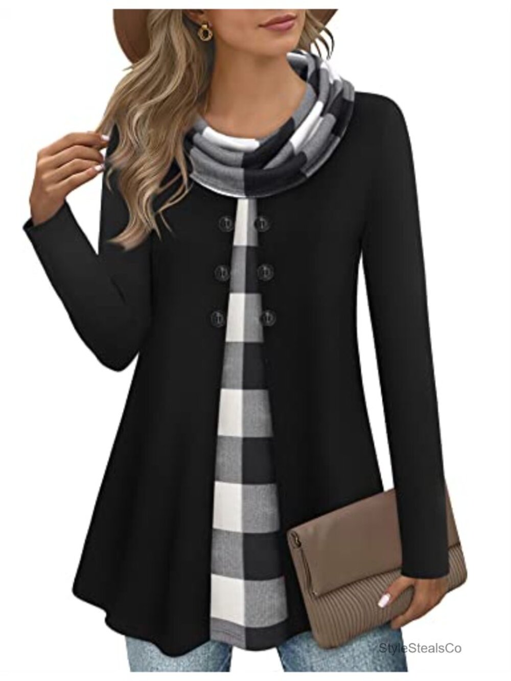 Womens Long Sleeve Cowl Neck Tunic Top Button Splicing A-Line Warm Fall